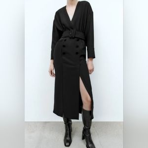 NWOT Zara Women Black Belted Long Sleeve MIDI Dress